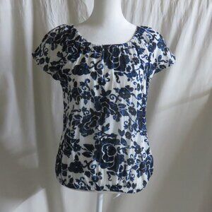 Michael Kors Blue & White Floral Design Cap Sleeve with Elastic Hem Top